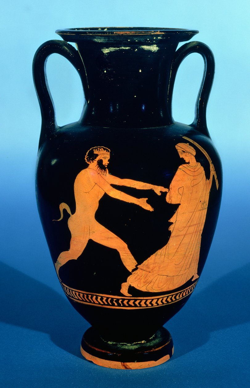 Anfora nolan a figure rosse attica, decorata con una donna inseguita da un satiro, c.450-440 a.C. da Greek