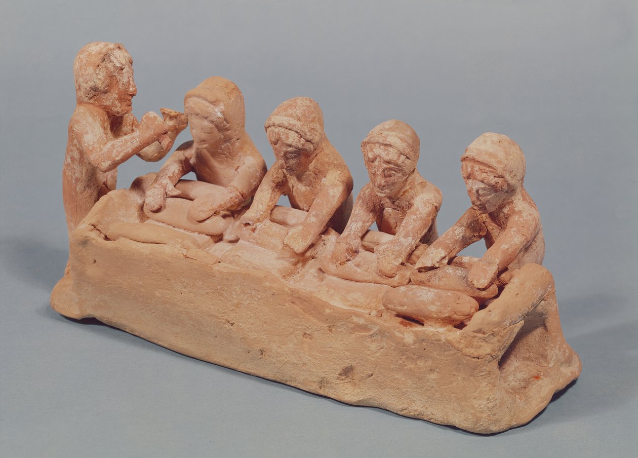 Fornaio che impasta al suono di un flauto, trovato a Tebe, Beozia, VI secolo a.C. (terracotta) da Greek