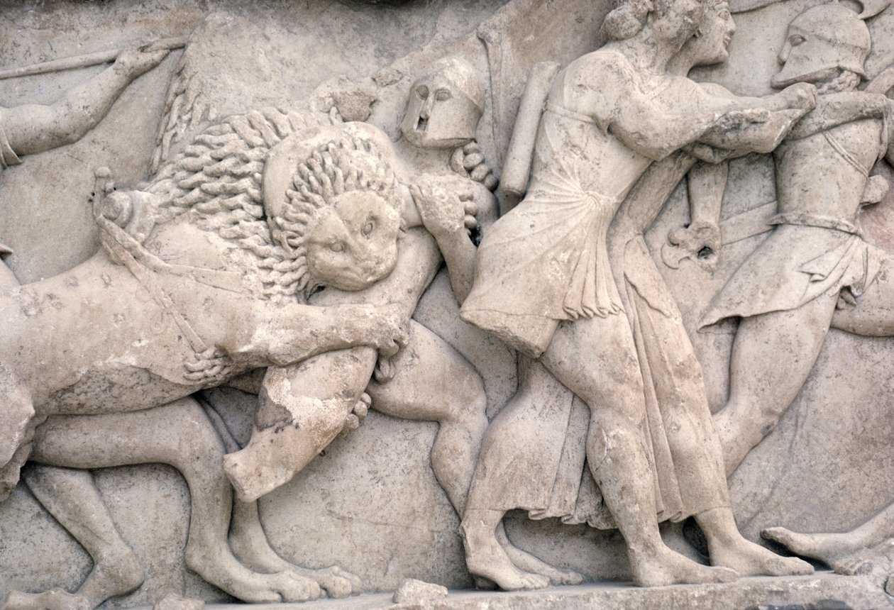 Combattimento fuori Troia, fregio dal Tesoro di Siphnos, c.525 a.C. (marmo) da Greek