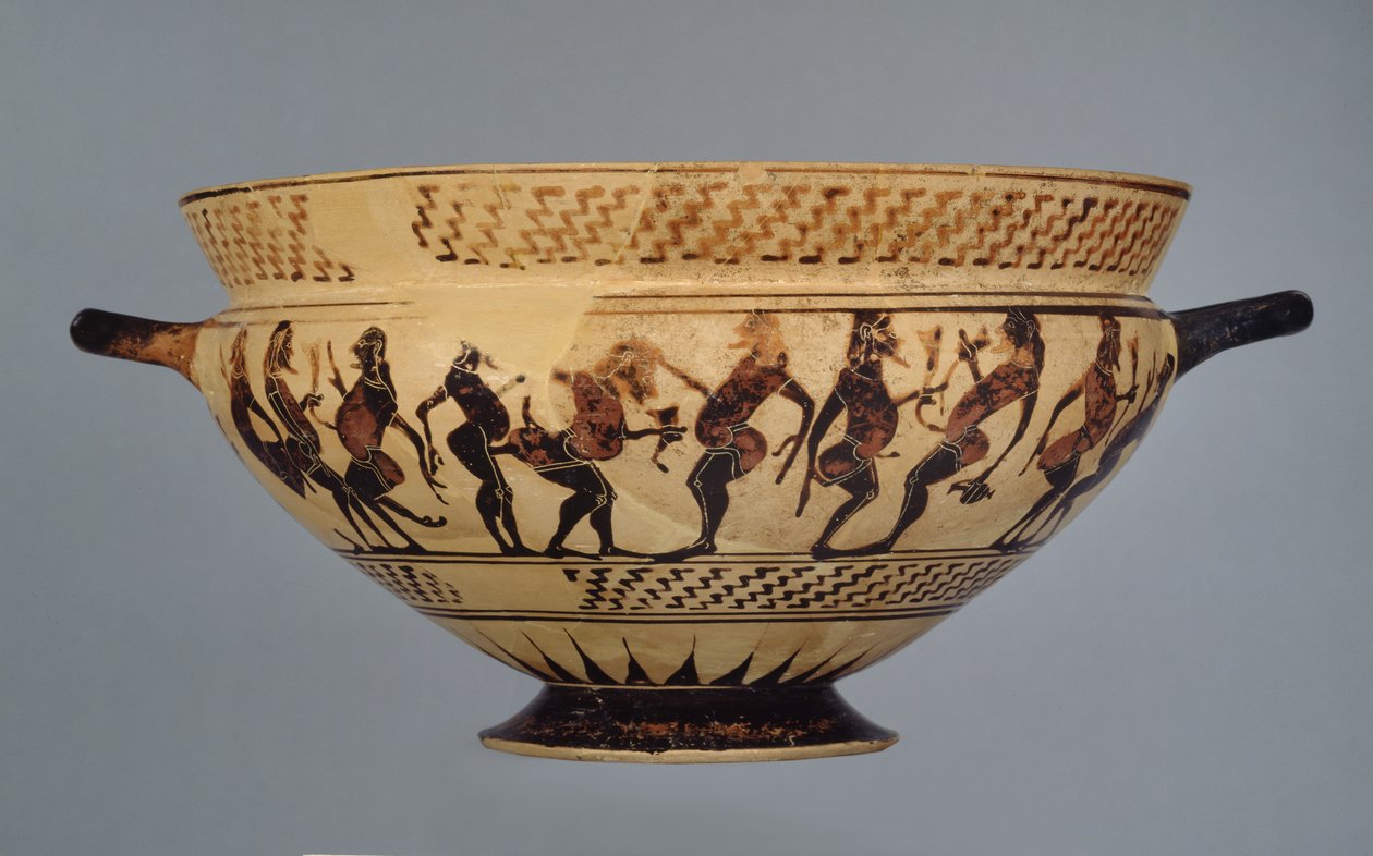 Coppa corinzia media decorata con sedici danzatori imbottiti o Komasti, probabilmente da Cerveteri, c.600-575 a.C. da Greek