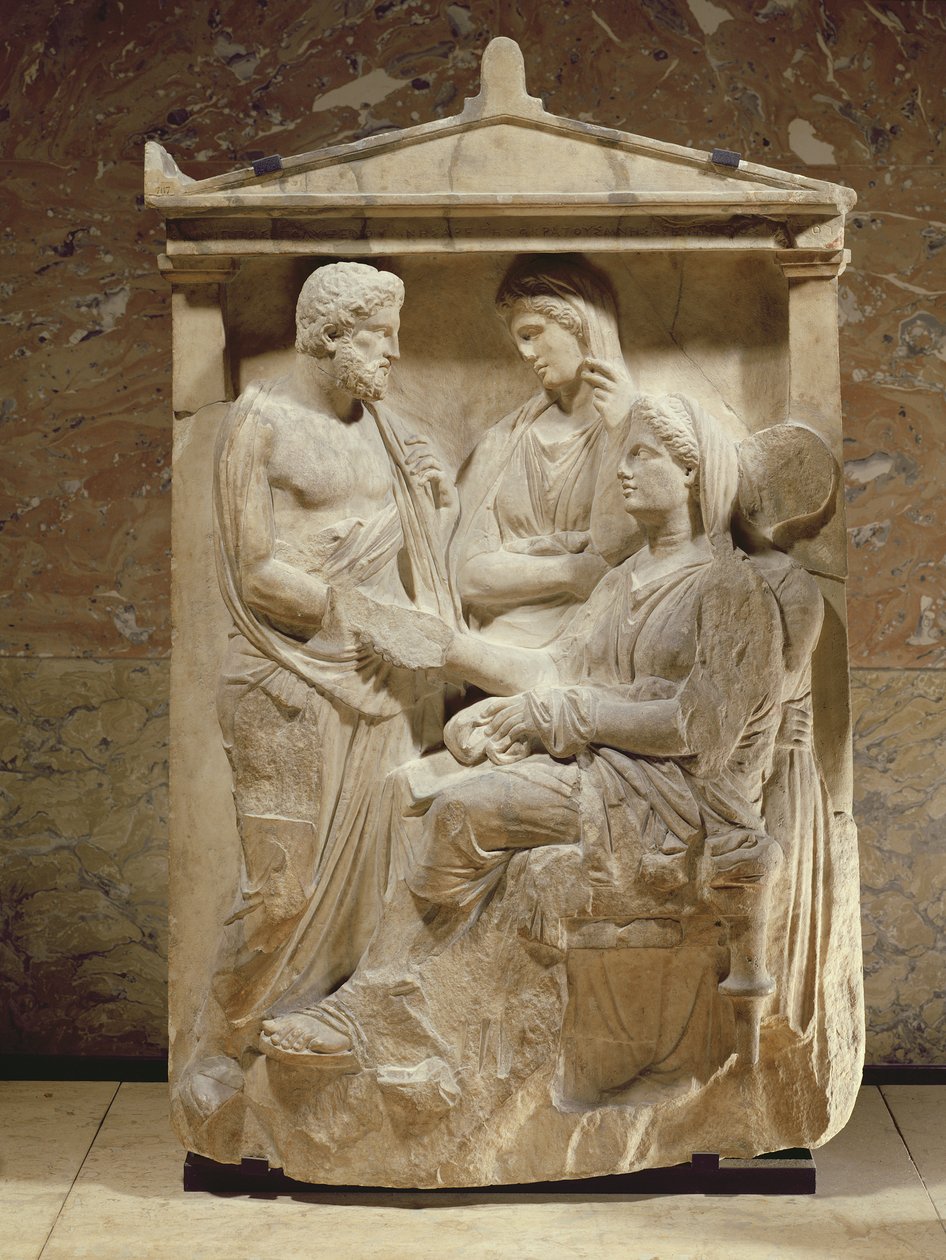 Stele funeraria di Phainippos e Mnesarete che mostra la riunione familiare e la stretta di mano, periodo attico, c.350 a.C. (marmo) da Greek