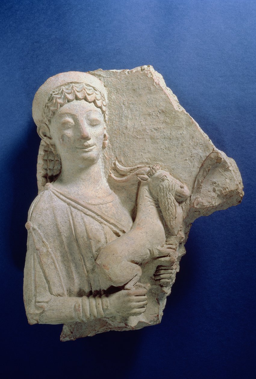 Rilievo di una donna che tiene una capra, periodo arcaico, c.500 a.C. da Greek