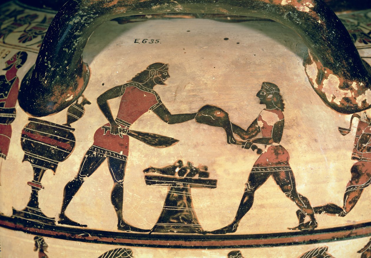 Servitori che Preparano il Cibo per un Simposio, dettaglio da un cratere a colonna a figure nere corinzie, da Cerveteri, c.600 a.C. da Greek