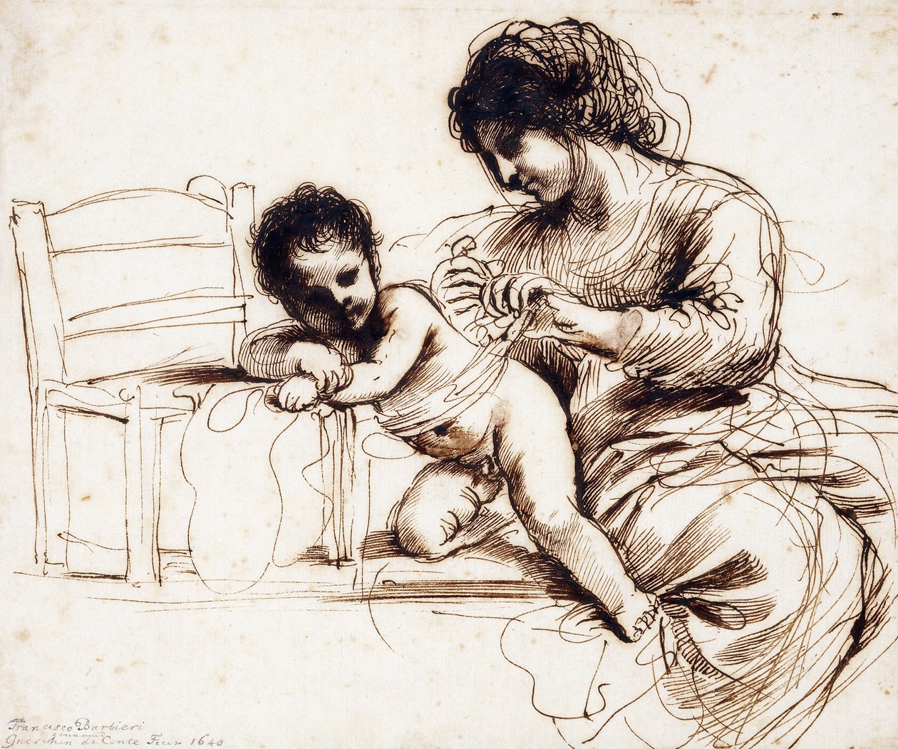 Una madre e un bambino accanto a una sedia da Guercino