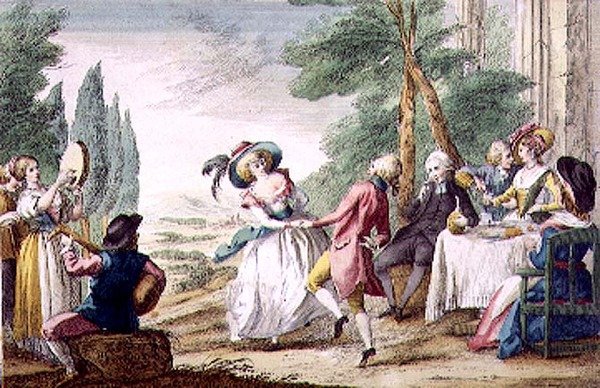 Giochi fiorentini, la danza (incisione colorata) da Guiseppe Piattoli