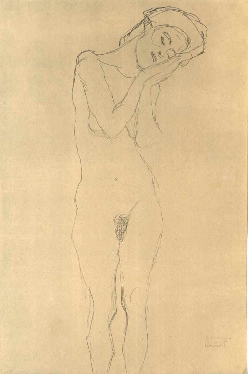 Nudo di ragazza di fronte con mano sulla guancia da Gustav Klimt