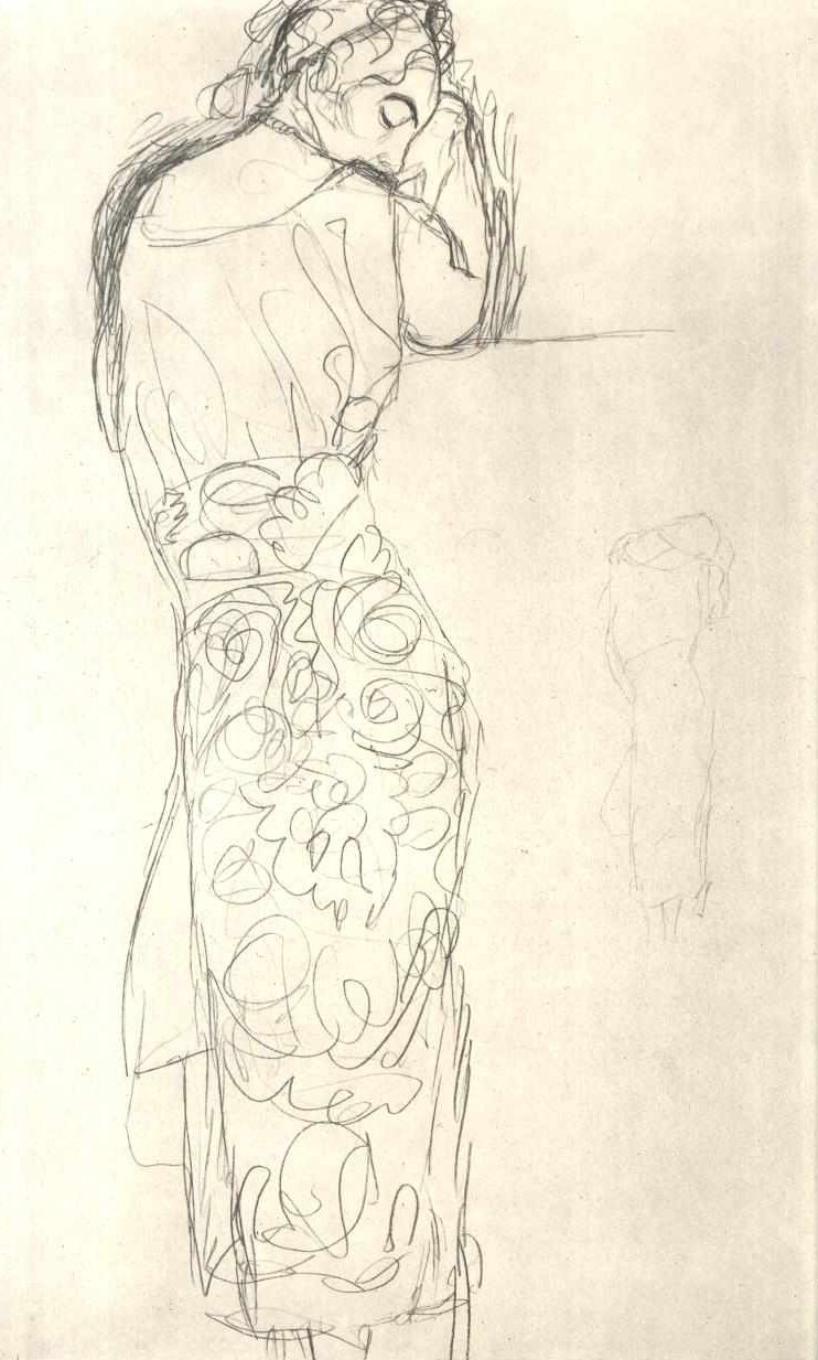 Vista posteriore di una donna in piedi con gonna a motivi da Gustav Klimt