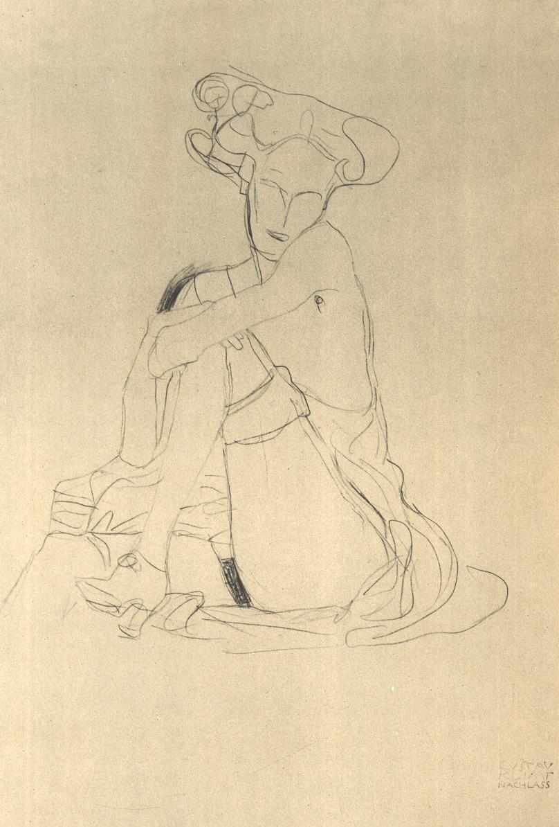Donna seduta con la gamba sinistra appoggiata da Gustav Klimt