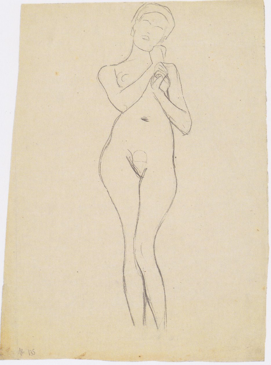 Nudo femminile in piedi di fronte con le braccia alzate da Gustav Klimt