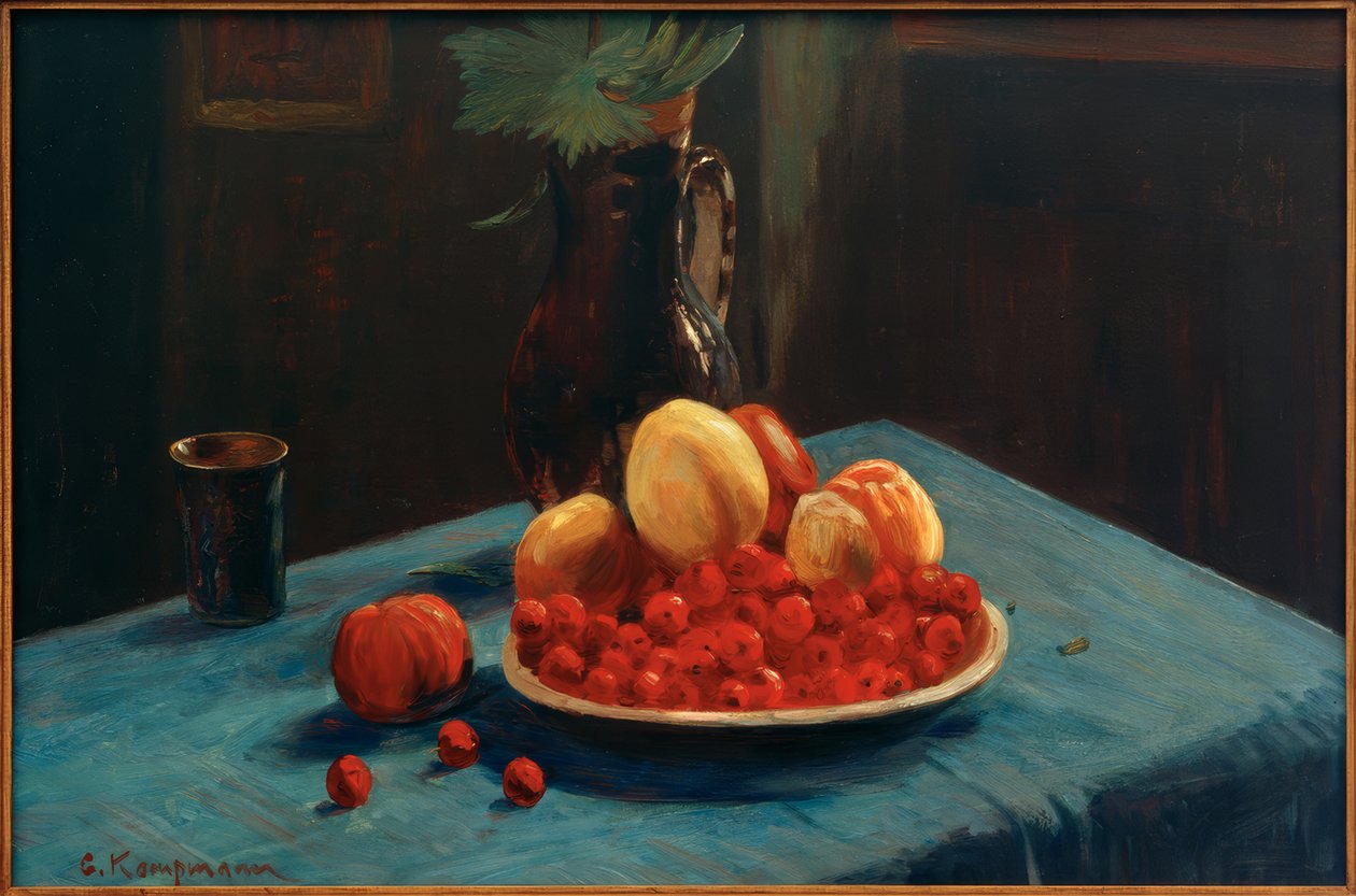 Natura morta con frutta su tovaglia blu da Gustav Kampmann