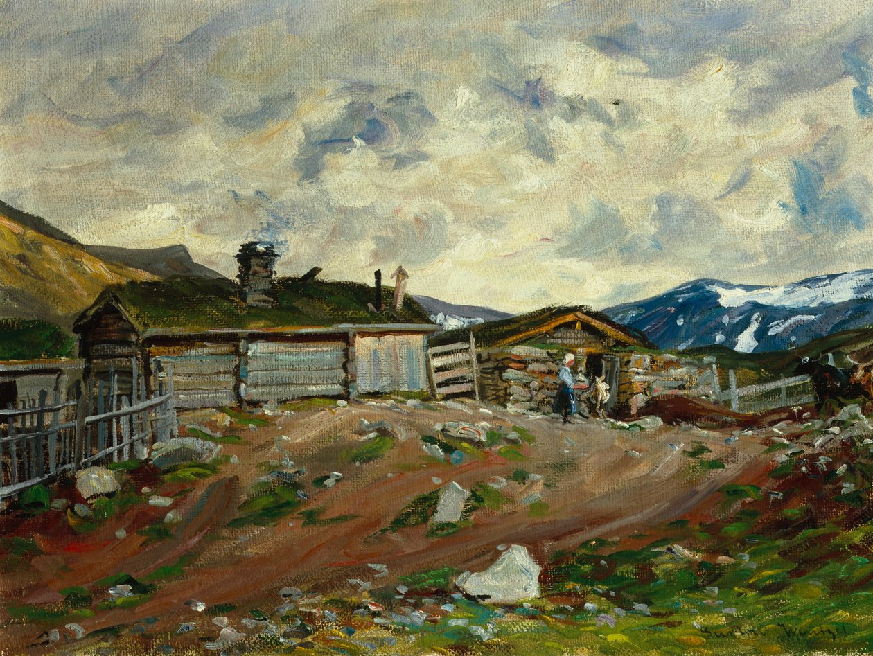Fattoria di montagna con donna e mucca da Gustav Wentzel