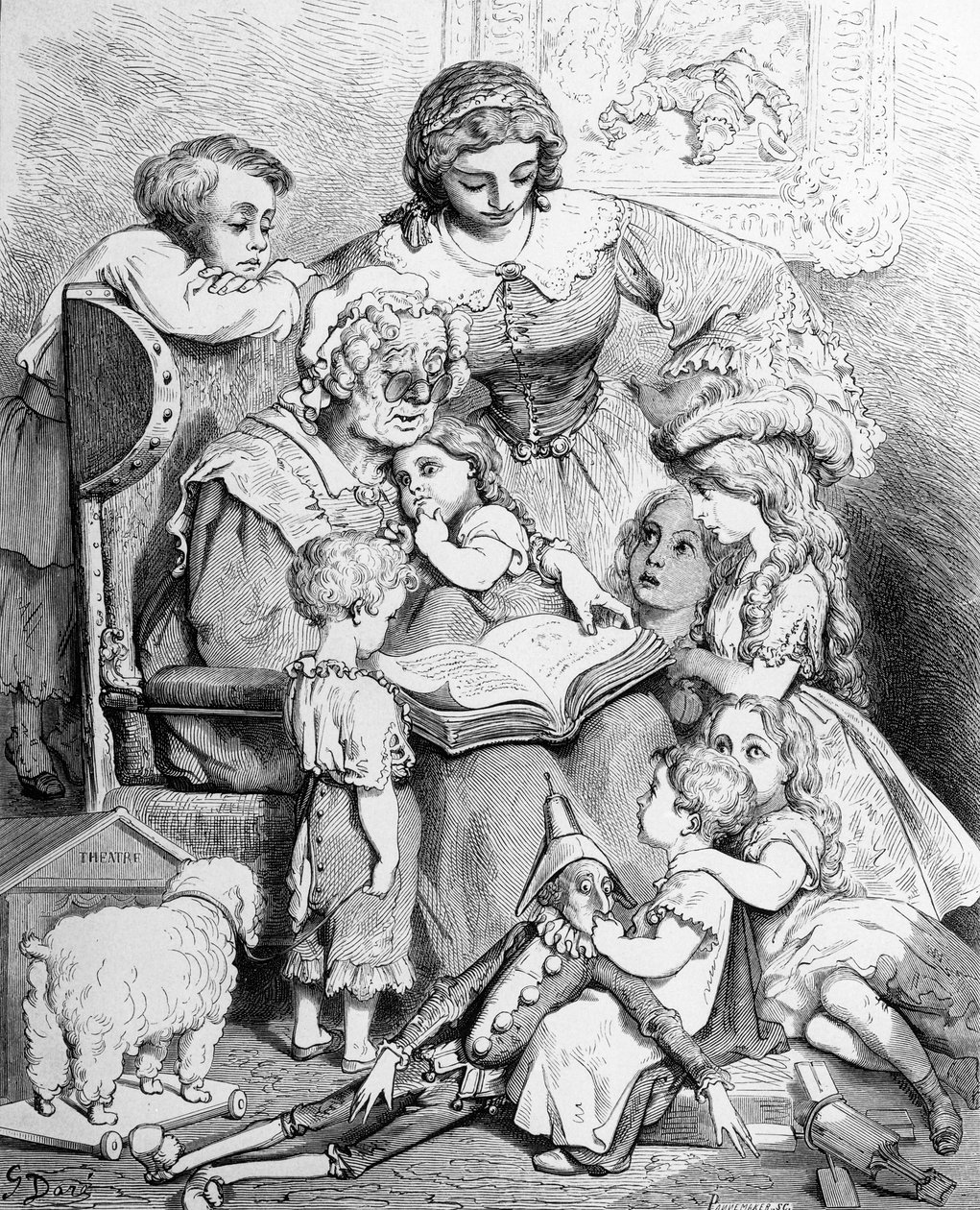 Nonna che racconta una storia ai suoi nipoti, pagina del titolo illustrata da 