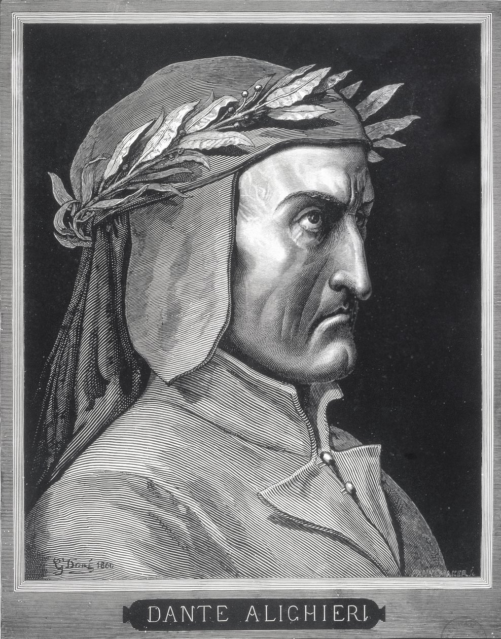 Ritratto di Dante Alighieri (1265-1321), 1860, inciso da Stephane Pannemaker, frontespizio da 