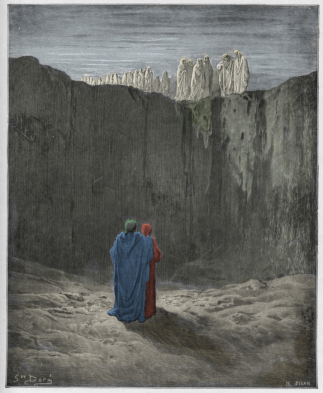 Purgatorio, Canto 3: La compagnia delle anime sulla scogliera (illustrazione dalla Divina Commedia di Dante Alighieri, 1885) da Gustave after Dore