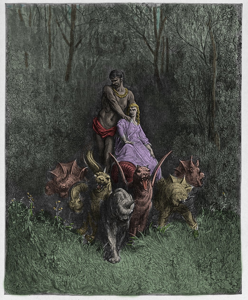 Purgatorio, Canto 32: Il gigante e la prostituta nel carro (illustrazione dalla Divina Commedia di Dante Alighieri, 1885) da Gustave after Dore