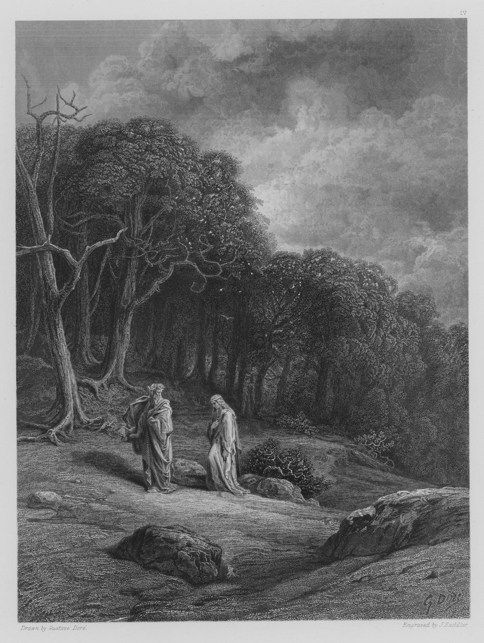 Vivien e Merlino entrano nel bosco da Gustave after Dore