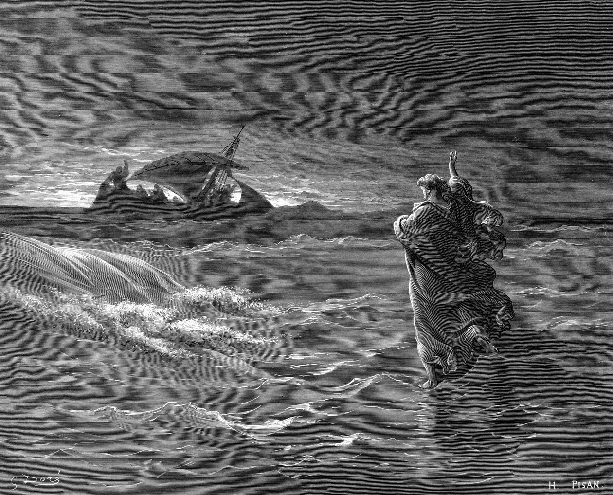 Incisione di Gesù che cammina sull