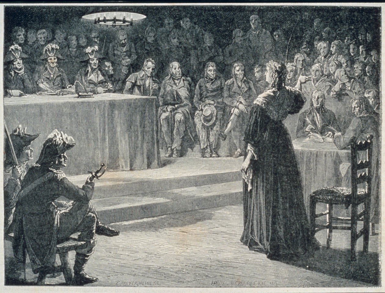 Maria Antonietta di fronte al Tribunale Rivoluzionario nel 1793, inciso da Theodor Meyer-Heine da H. de la Charlerie