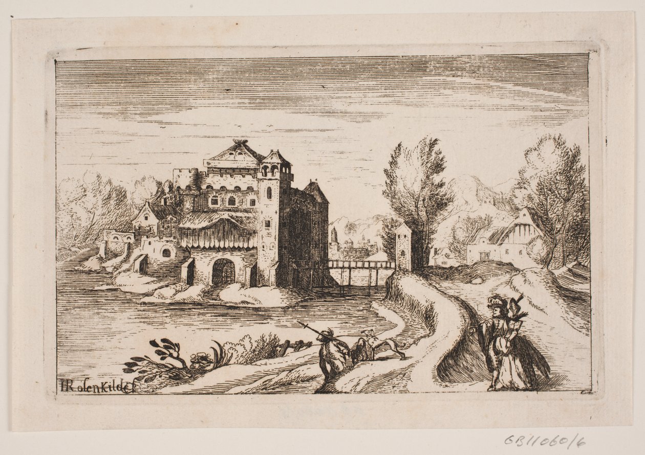 Paesaggio fluviale con castello su una collina da H. Rosenkilde