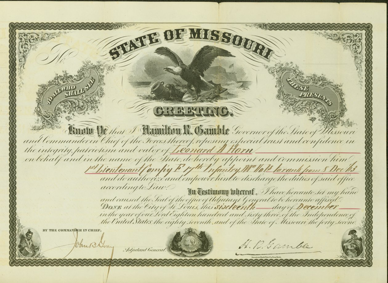Nomina Horn 1° tenente, Compagnia F, 17° fanteria del Missouri, con grado dal 8 dicembre 1863 da Hamilton Rowan Gamble