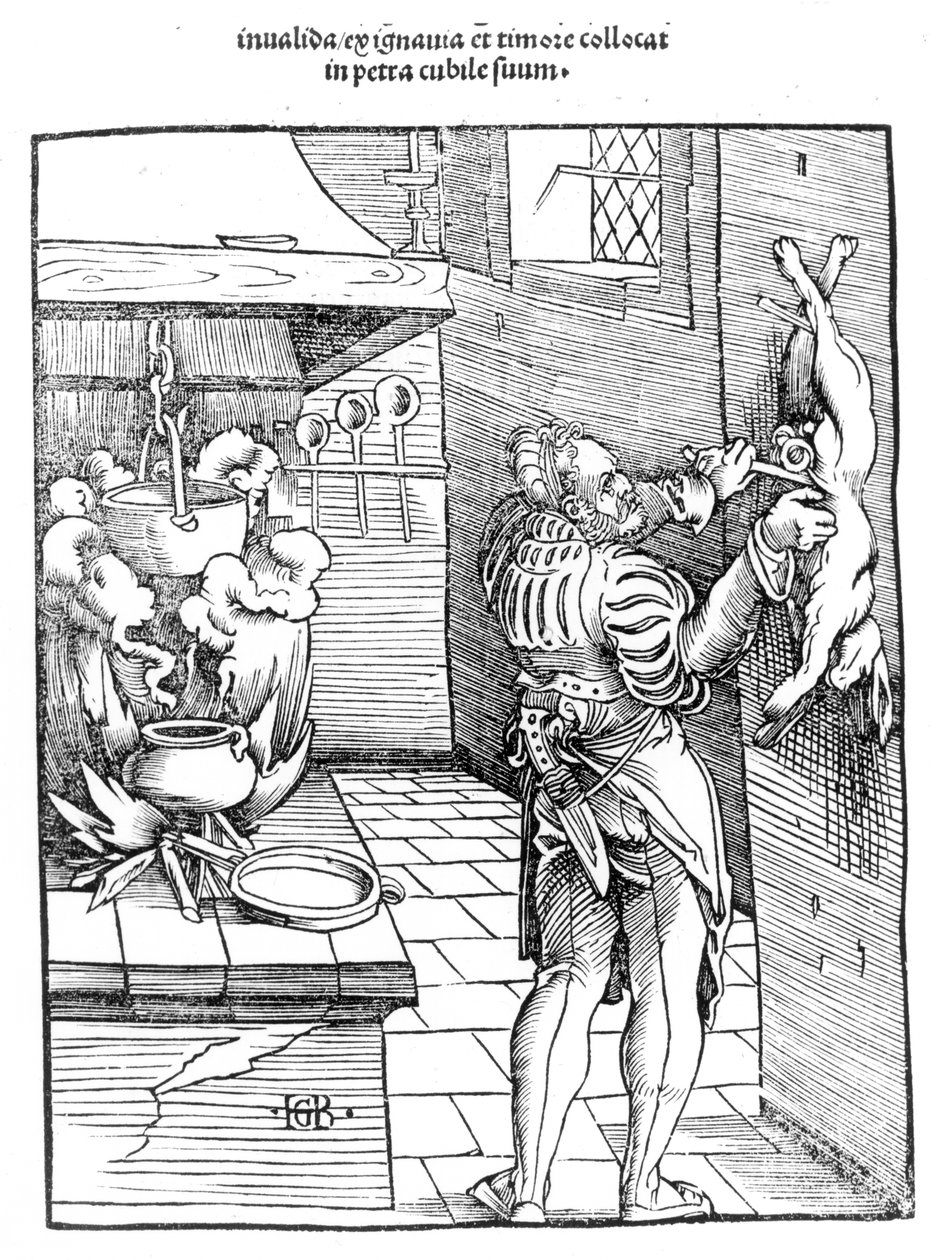 Vista di una cucina del XVI secolo con cuoco che sventra un coniglio da Hans Baldung Grien