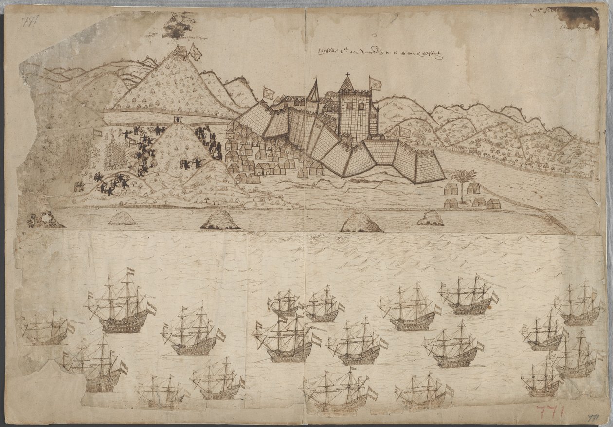 Veduta del forte e della rada di Elmina da Hans Propheet