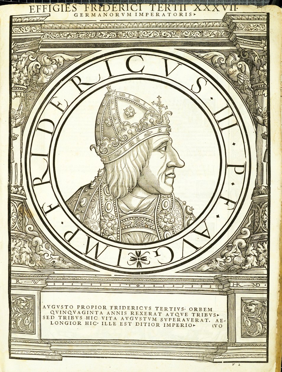 Federico III, illustrazione da Imperatorum romanorum omnium orientalium et occidentalium verissimae imagines ex antiquis numismatis, xilografia di Rudolph Wyssenbach, stampata da Andreas Gesner, Zurigo da Hans Rudolf Manuel Deutsch