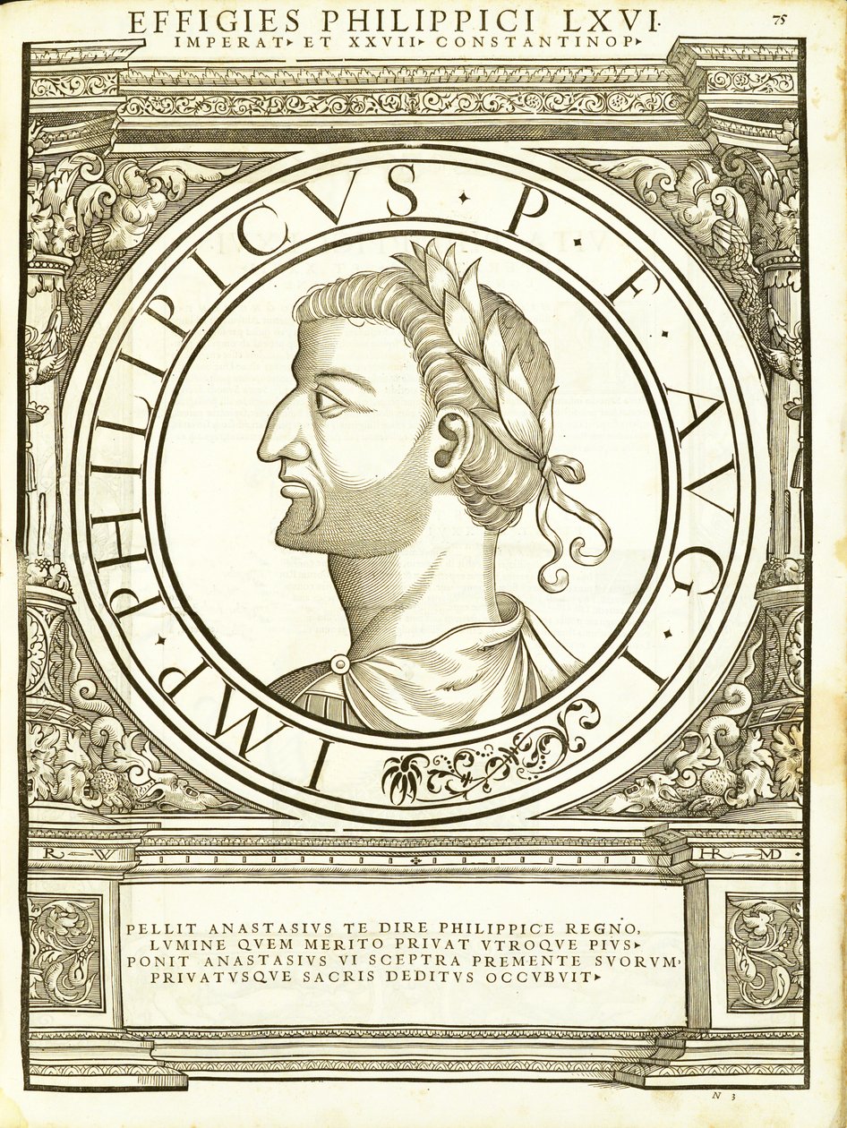 Filippico, illustrazione da Imperatorum romanorum omnium orientalium et occidentalium verissimae imagines ex antiquis numismatis, xilografia di Rudolph Wyssenbach, stampata da Andreas Gesner, Zurigo da Hans Rudolf Manuel Deutsch