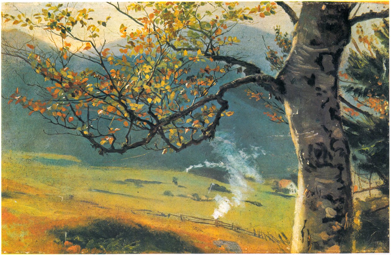 Albero in autunno davanti a una valle da Hans Thoma
