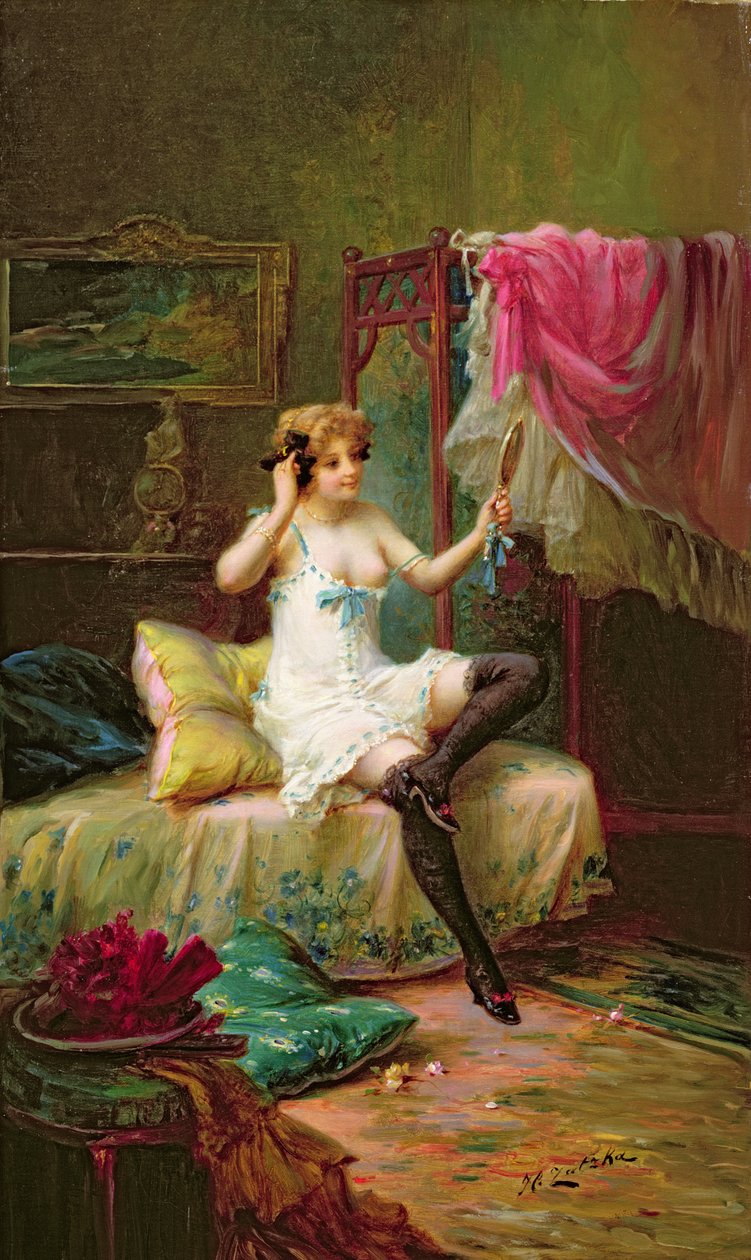 Una ragazza che si guarda allo specchio da Hans Zatzka