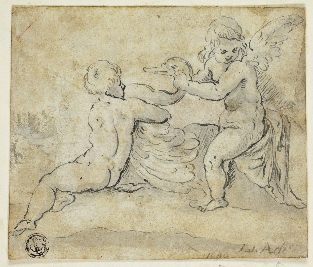 Putti Holding Swan da Hans von Aachen