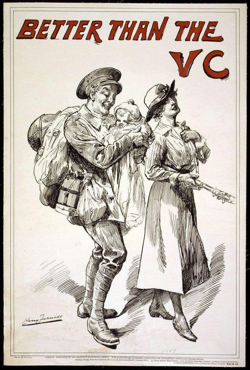 Meglio della VC (cioè Victoria Cross) - Poster che mostra un soldato che tiene in braccio un bambino, mentre segue sua moglie. 1918 da Harry Furniss