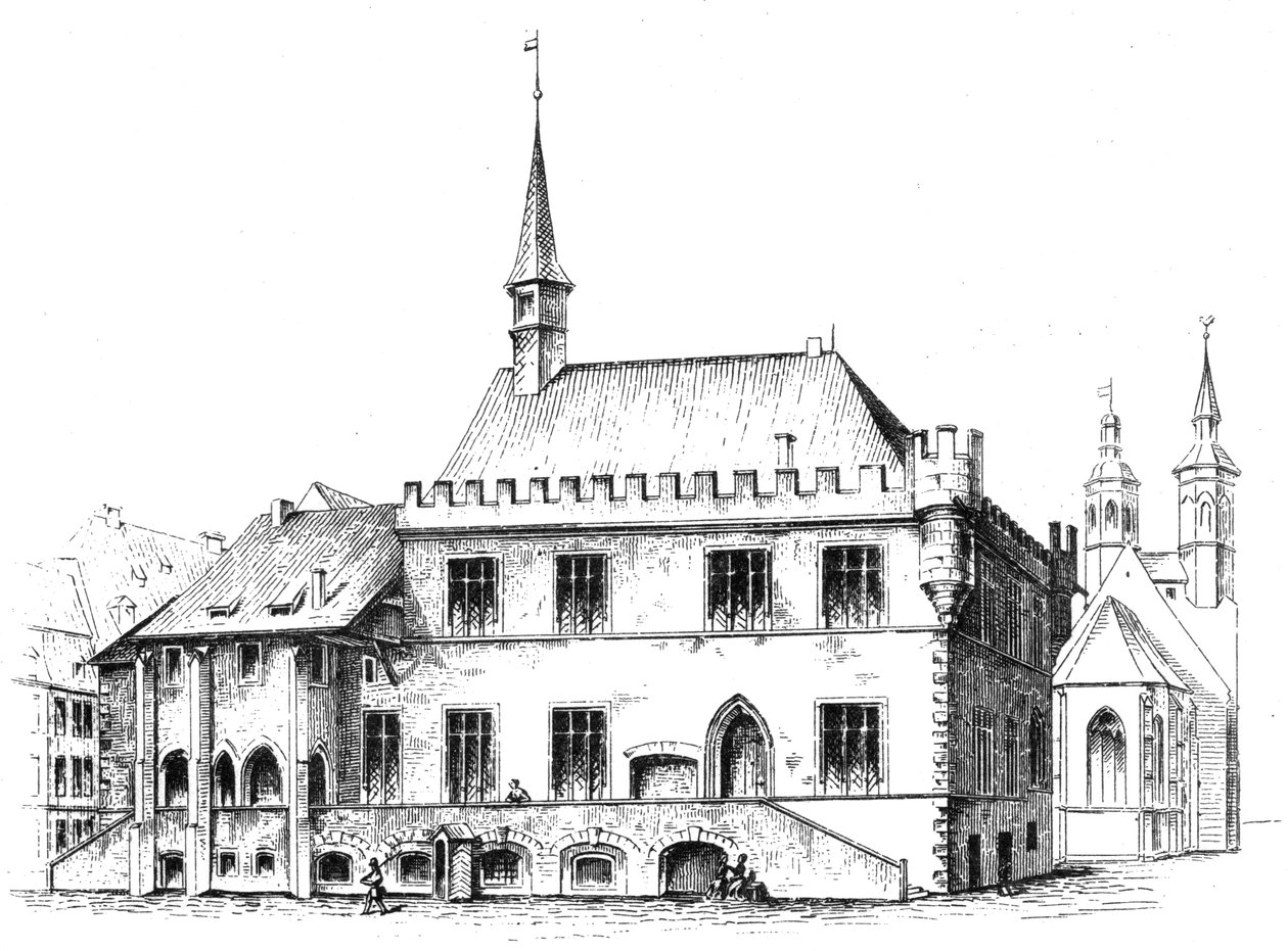 Vecchio municipio di Göttingen, Bassa Sassonia meridionale, disegno di H. W. H. Mithoff 1869. Didascalia originale da Hector Wilhelm Heinrich Mithoff