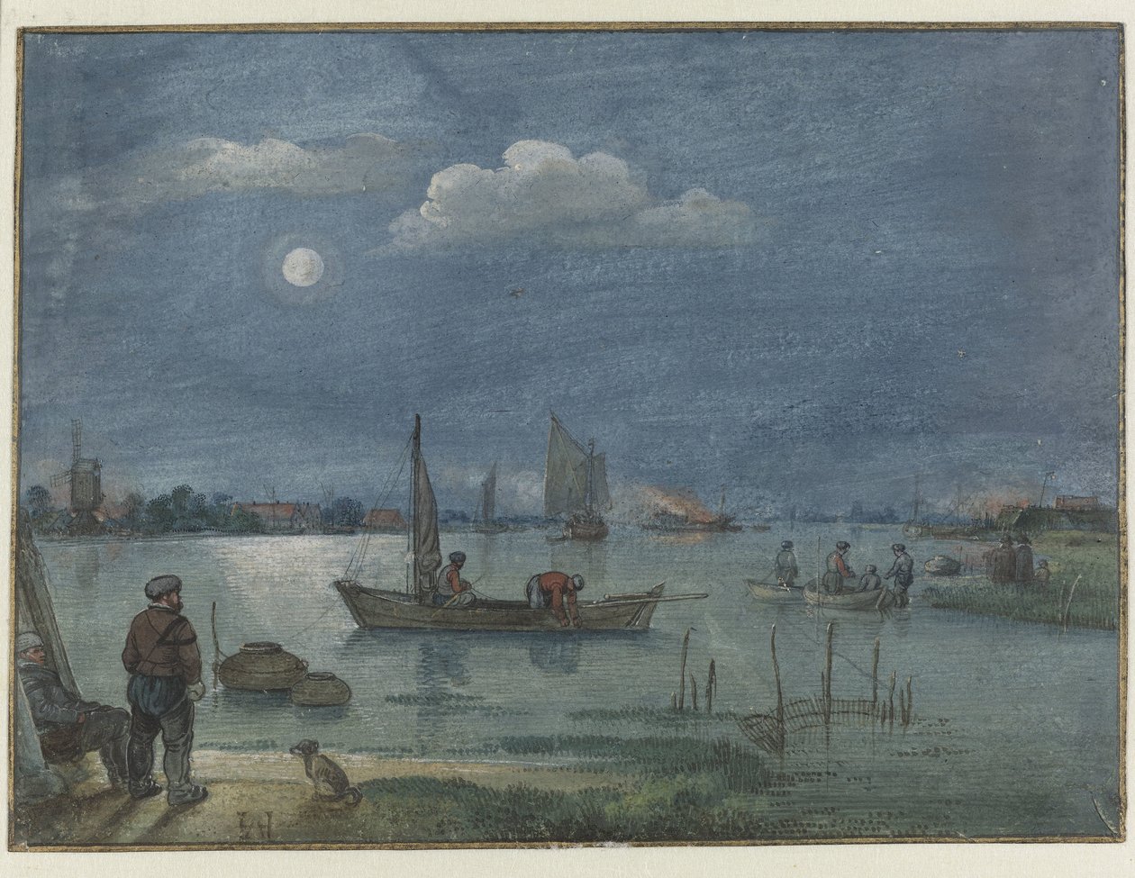 Paesaggio fluviale al chiaro di luna con pescatori da Hendrick Avercamp