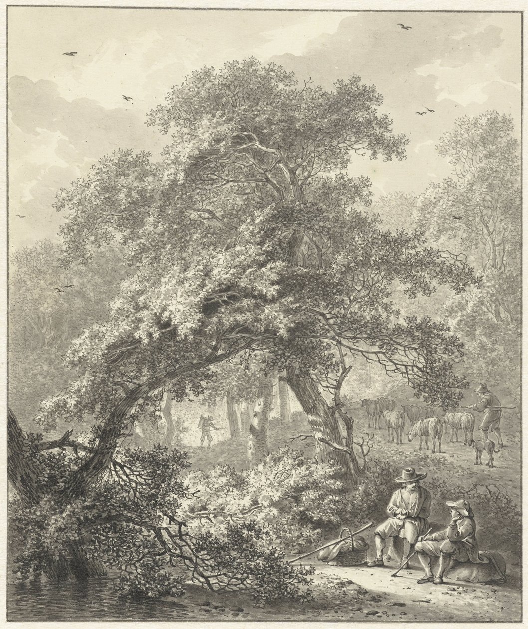 Paesaggio boschivo con viaggiatori riposanti sotto un albero da Hendrik Meijer
