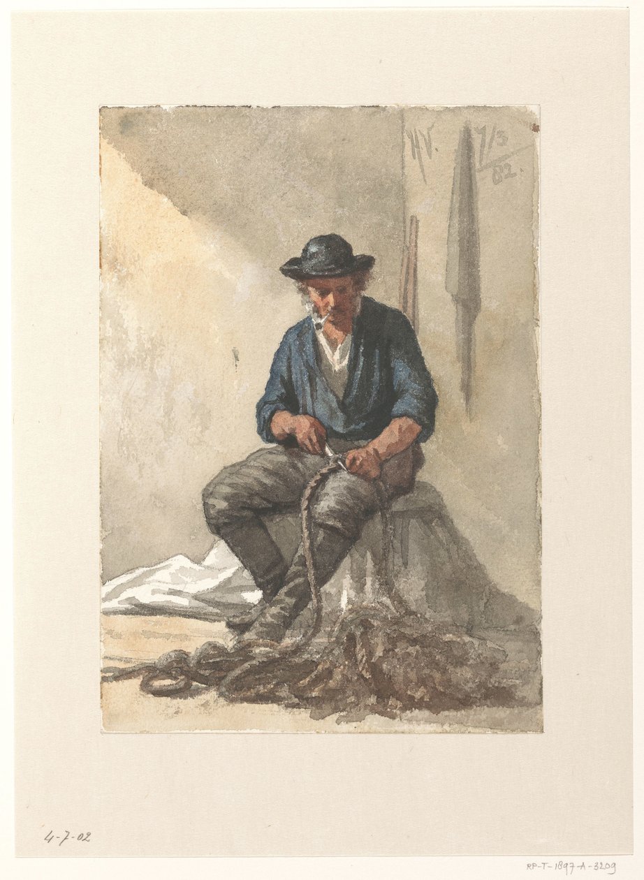 Pescatore seduto che lavora a una corda da Hendrik Valkenburg