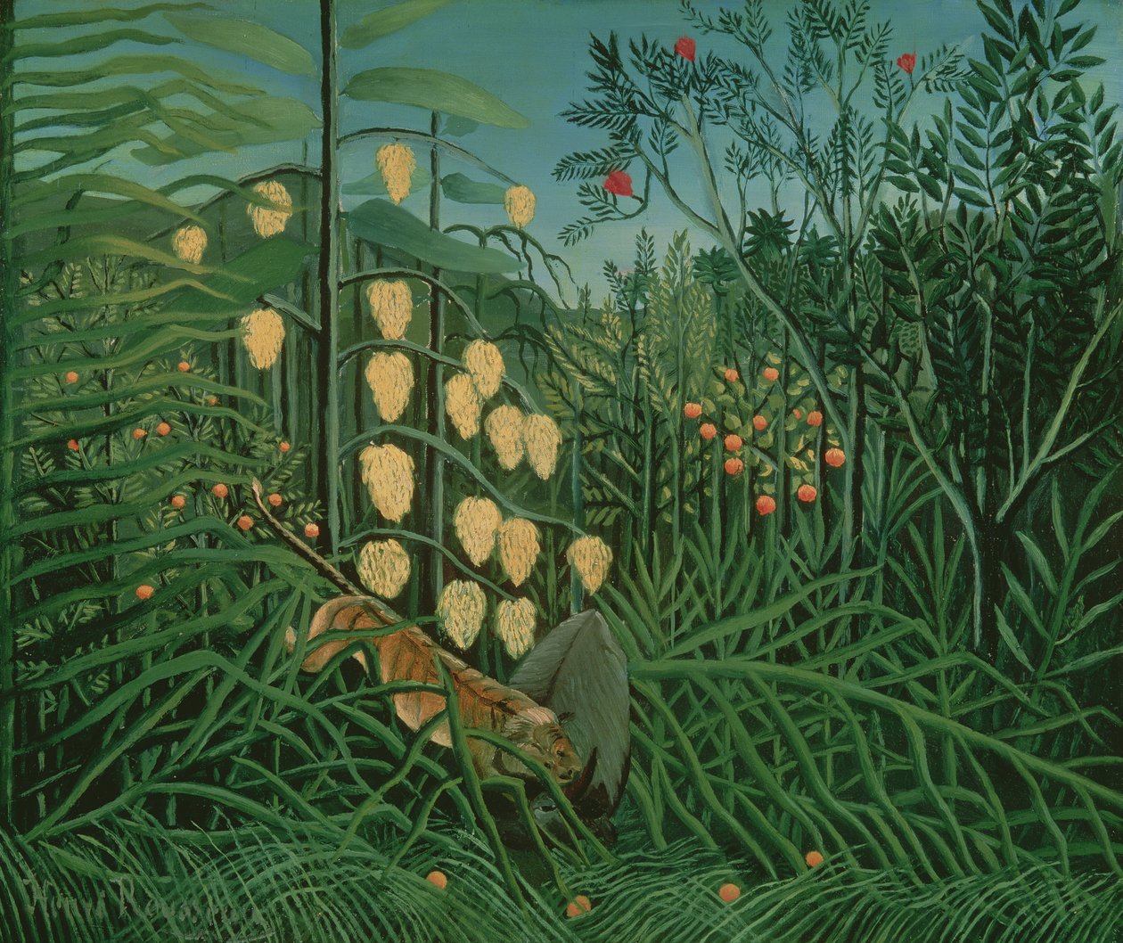 Foresta tropicale: Tigre e bufalo in lotta da Henri Rousseau