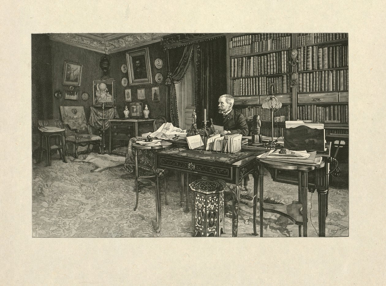 Gaston Tissandier, aeronauta francese, seduto a una scrivania nel suo studio, 1880-1900 da Henri Thiriat