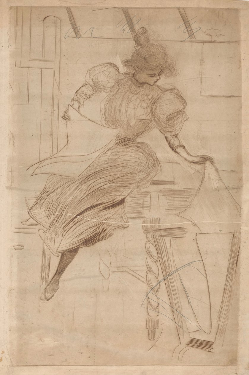 Donna che guarda stampe in un supporto per stampe da Henri Boutet (possibly)