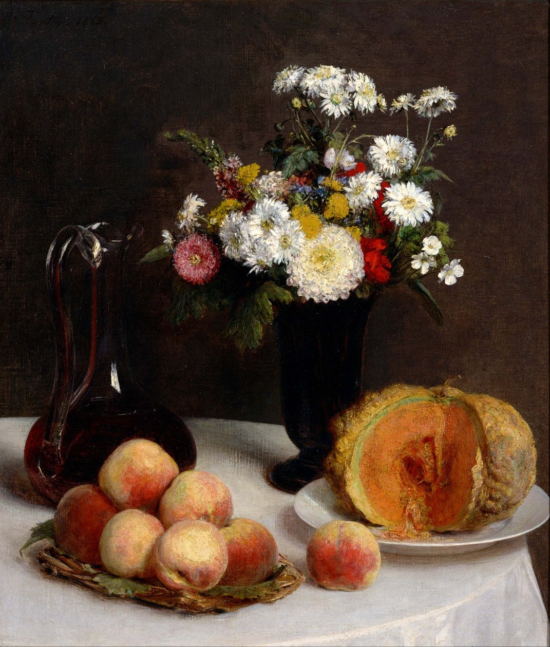 Natura morta con fiori, frutta e contenitori per il vino. da Henri Fantin Latour