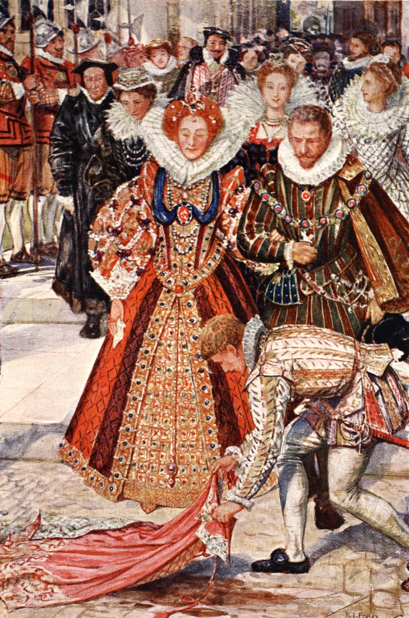 Walter Raleigh che getta il suo mantello per la regina Elisabetta, illustrazione da 