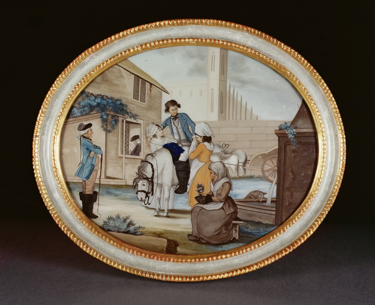 Dipinto su vetro inverso che mostra una scena di addio fuori da una taverna, periodo Qianlong c.1790 da Henry W. Banbury