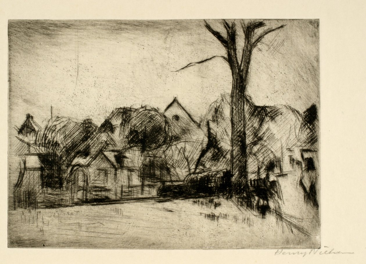 Paesaggio con albero alto e case da Henry Nielsen
