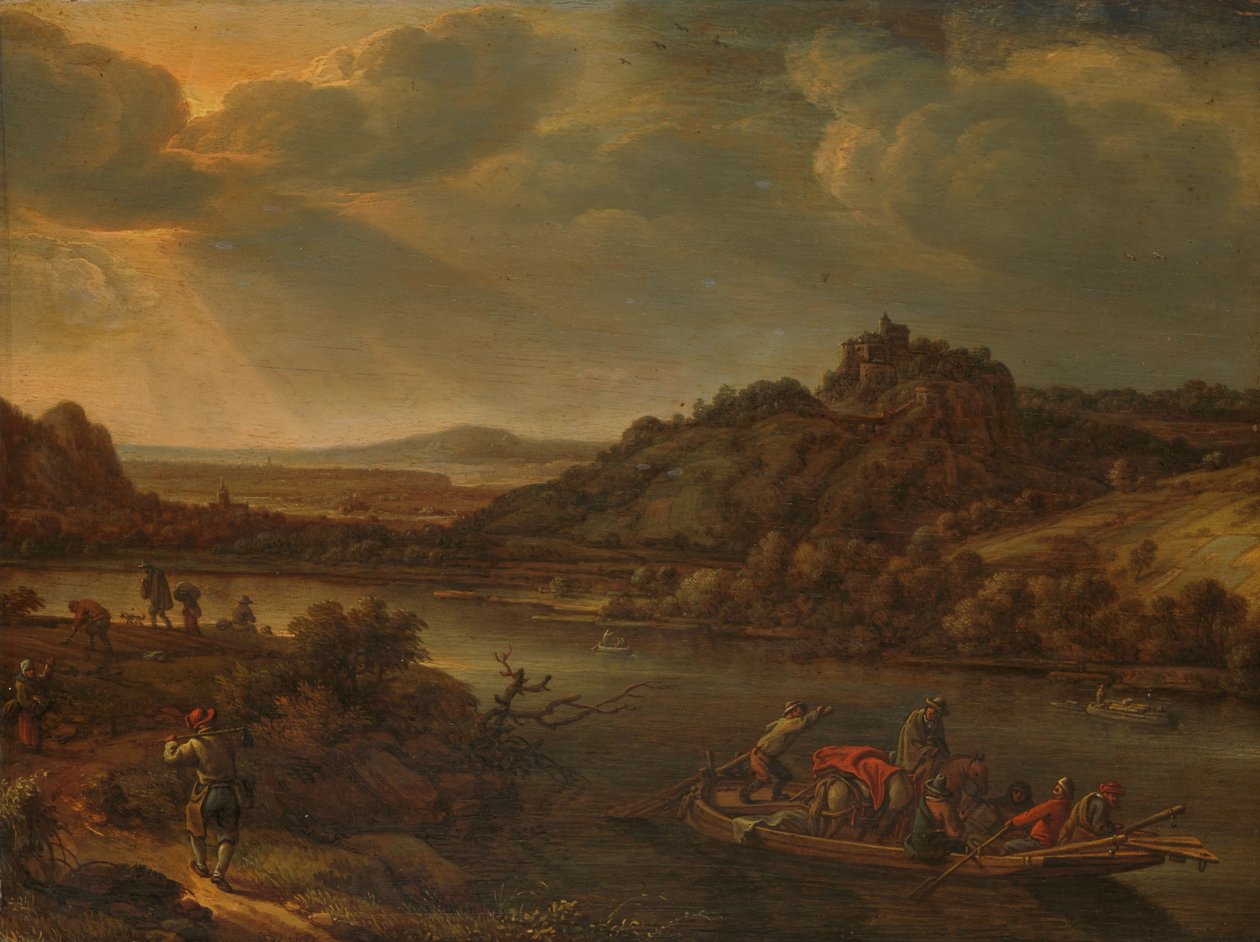 Vista del fiume con traghetto da Herman Saftleven