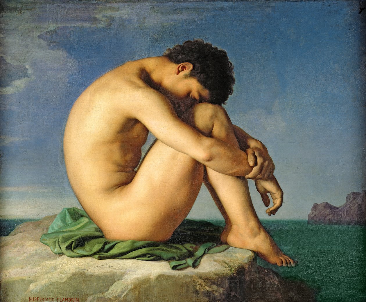 Giovane uomo nudo seduto vicino al mare, 1836 da Hippolyte Flandrin