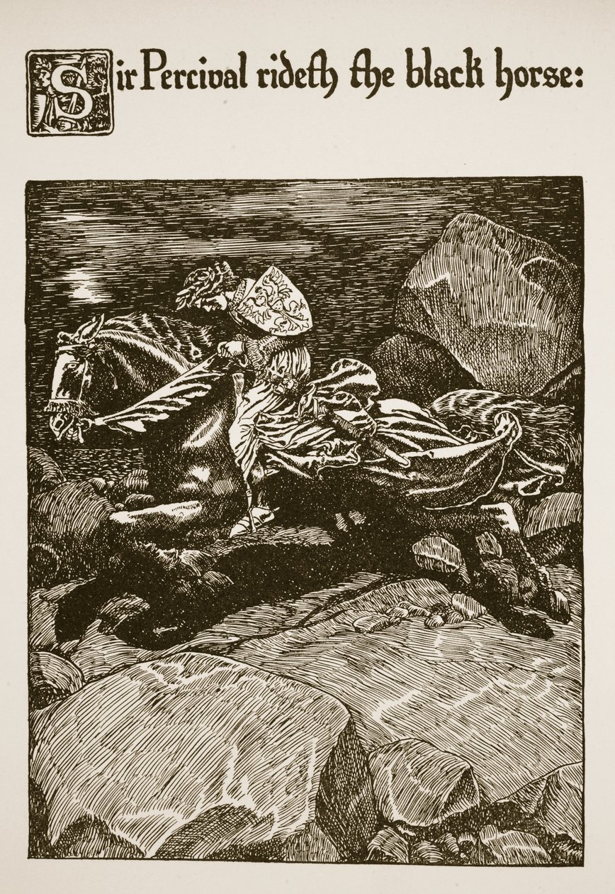Sir Percival cavalca il cavallo nero, illustrazione da 