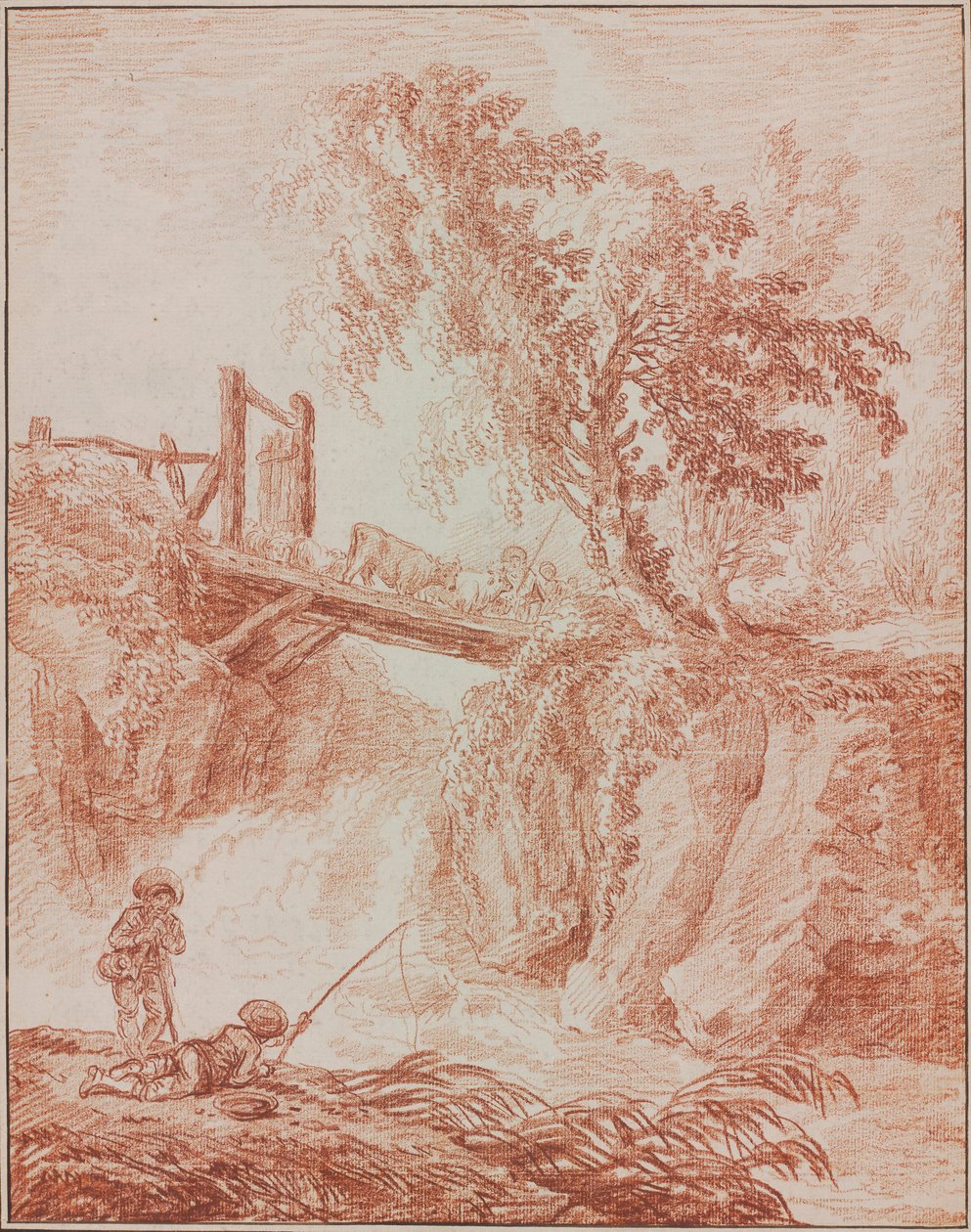 Mandriani che attraversano una cascata da Hubert Robert