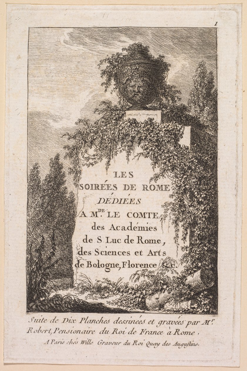 Les Soirées de Rome: Pagina del titolo, 1763-1764 da Hubert Robert