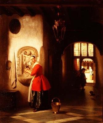 Una cameriera in un corridoio da Hubertus van Hove