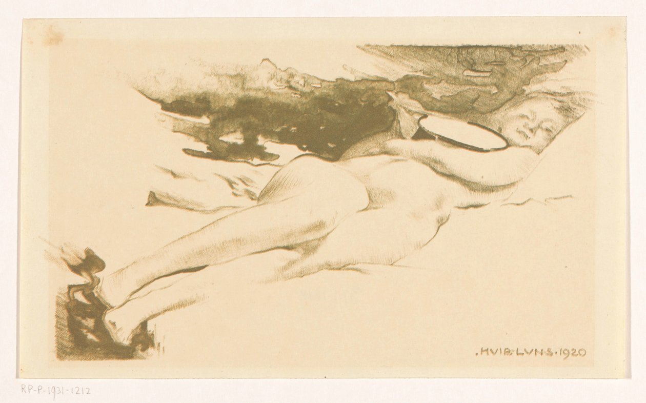 Donna nuda sdraiata con specchio da Huib Luns